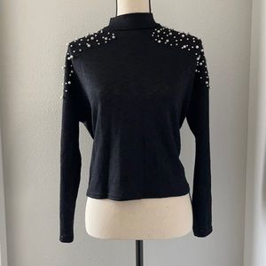 Mock turtleneck pearl embellished top